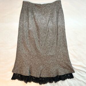 Iris Singer Wool & Angora Trumpet Midi Skirt 6 Speckled Gray Tweed Lace NWT